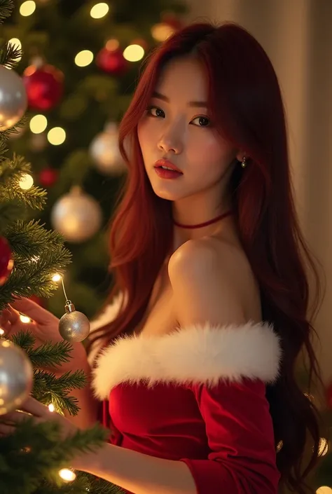   Korean woman with long straight hair red burgundy black eyes velvety mouth 
In a luxurious room, In the background a Christmas tree,  Christmas decoration, This one is wearing a sexy Christmas costume ,  posing sensually by placing a sphere on the Christ...