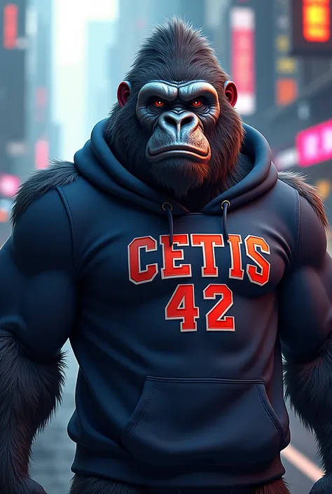  I would like you to create a mascot for the institution of Cetis 42 ,  I would like me to be a gorilla and have the Cetis 42 sweatshirt on, Just as the gorilla had a burly but aesthetic body .