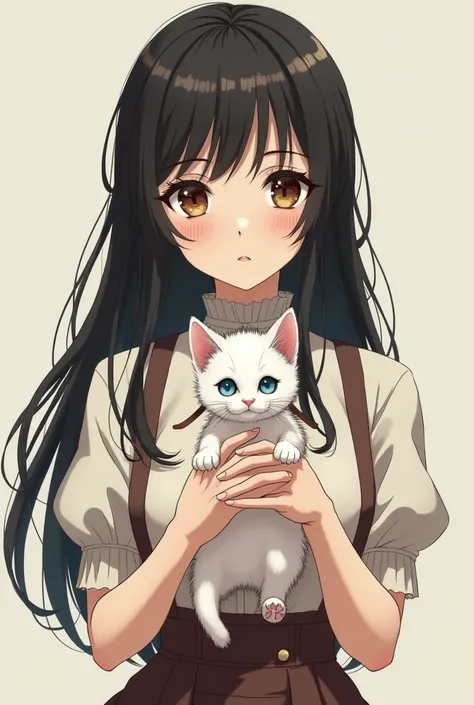  Anime woman in vintage clothing long straight black hair with nothing on it, with brown eyes holding a white-eyed kitten with blue eyes .