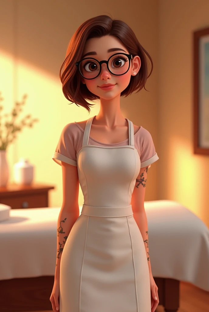 Une belle fille aux cheveux châtains coupe au carré , de fines lunettes, elle porte tablier blanc. Elle est masseuse dans son institut.Elle a les yeux marron clair. elle est très mince.
Quelques petits tatouages. On voit une table de massage.
#pixar