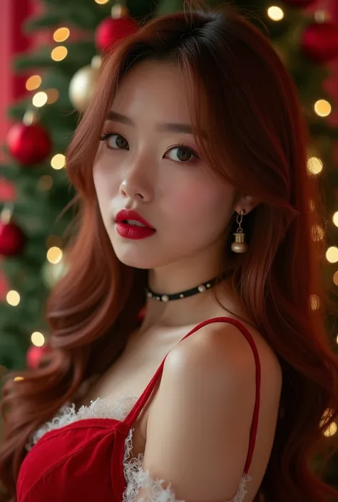   Korean woman with long straight hair red burgundy black eyes velvety mouth 
In a luxurious room, In the background a Christmas tree,  Christmas decoration, This one is wearing a sexy Christmas costume ,  posing sensually by placing a sphere on the Christ...