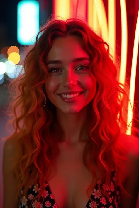 Masterful portrait of a woman in Montreal at dawn, long hair, cute curly orange hair , smile,  green eyes, parts,  floral print , dress, dawn, neon, rays of light, caustic, Lens reflection, ((Alone)), ismael_limbo