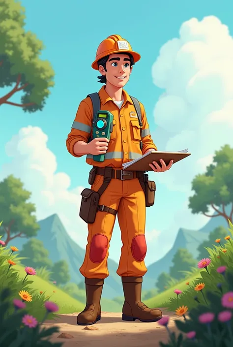 Create an Environmental Engineer ,  with personal protective equipment ,  data making air composition measurements on the left hand, reflective vest, boots, work helmet, without a mask, y on the right hand with a folder for annotating , in full body in Dis...