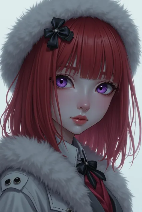 Teenage girl, pale skin, dark purple sleepy calm eyes, no shine, medium straight red hair with bangs, emotionless eyes, a white fur hat, clothing mix of Lolita, steampunk or ouji, emotionless, no eye shine.