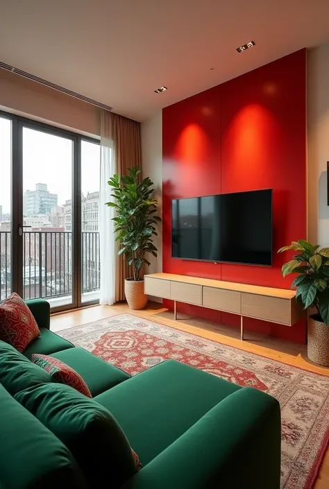 Make a 360° image of a colored room with a TV installed on a modern red PANEL and a green choir sofa with cushions, Where in the background there is a balcony with a view of an ordinary urban downtown neighborhood 