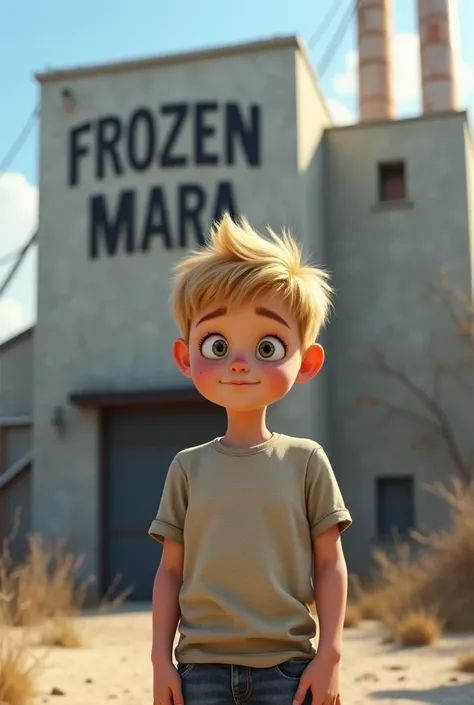 a blond boy in front of a snack factory written "frozen mara" fat and with pimples