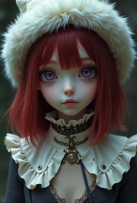 Art Teenage girl, pale skin, dark purple sleepy calm eyes, no shine, medium straight red hair with bangs, emotionless eyes, a white fur hat, clothing mix of Lolita, steampunk or ouji, emotionless, no eye shine.