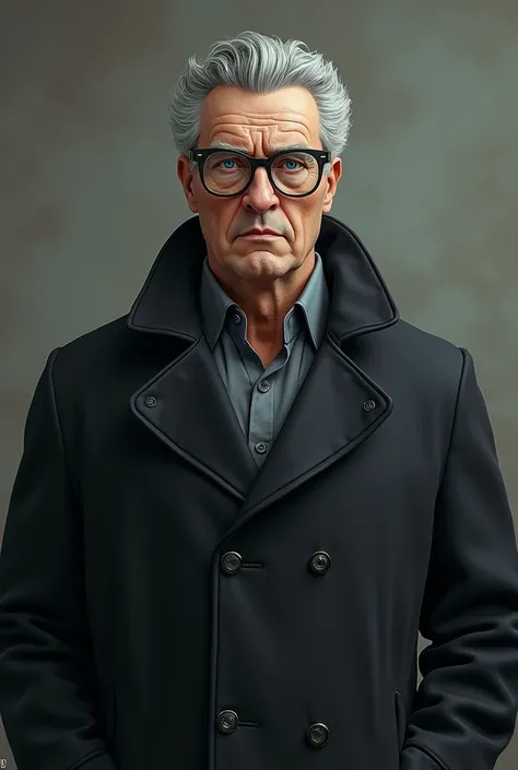  a tall person with gray hair, sturdy body glasses ,  with blue eyes 