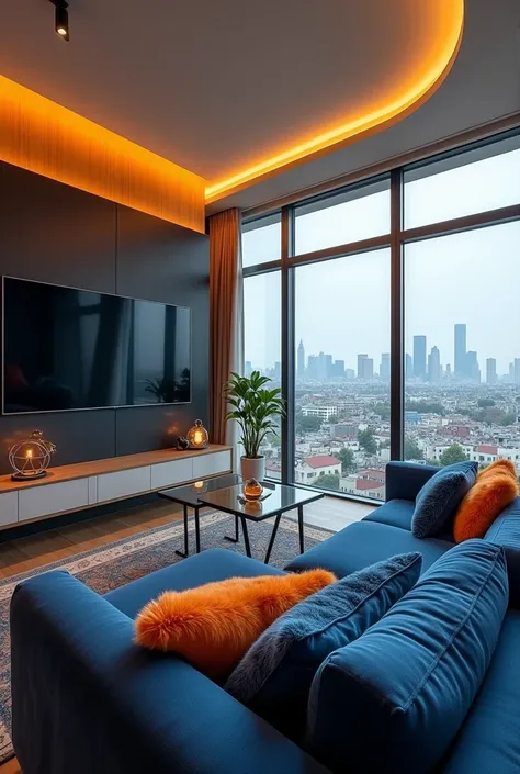 Make a 360° image of a colored room with a TV installed on a modern black PANEL and a navy blue choir sofa with cushions, Where in the background there is a balcony with a view of an ordinary urban downtown neighborhood 