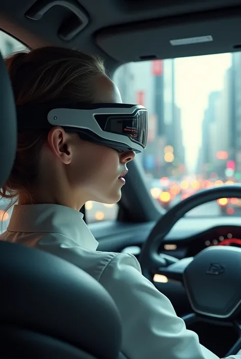 Front-facing woman drives with formulated transition goggles