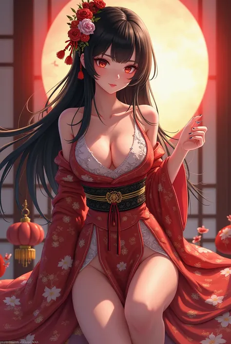 Anime girl, long black hair, beautiful, massive boobs, slim waist, thicc thighs, imperial japan 