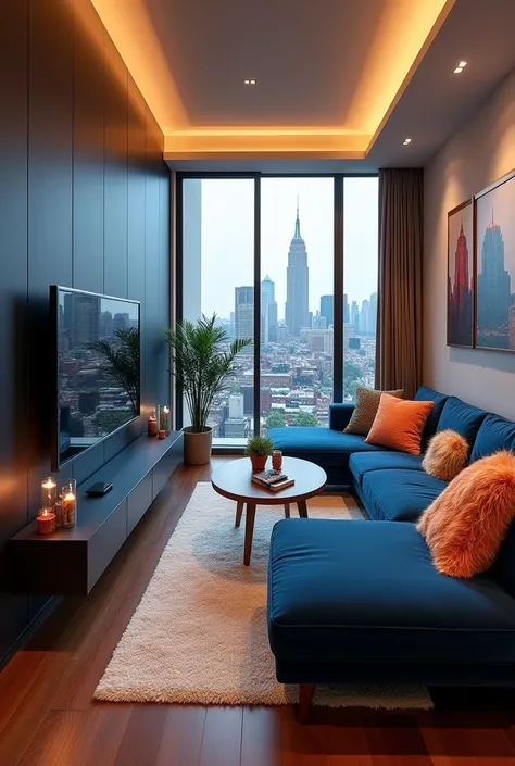 Make a 360° image of a colored room with a TV installed on a modern black PANEL and a navy blue choir sofa with cushions, Where in the background there is a balcony with a view of an ordinary urban downtown neighborhood 