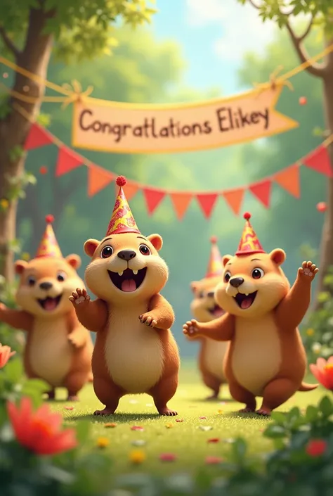  a group of capybara babies dancing at a birthday party with a sign that reads "Congratulations Elikey "