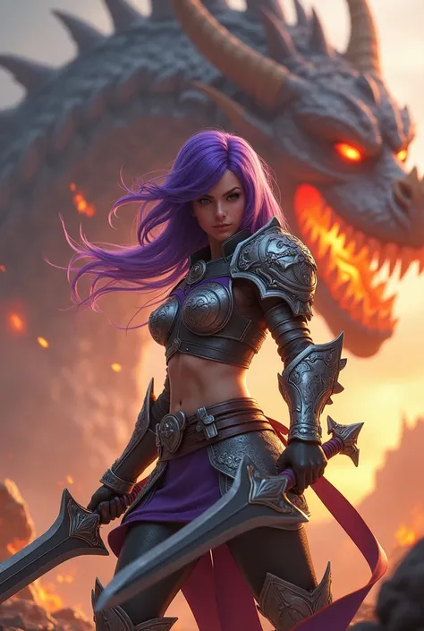 3D video game character girl in armor and melee weapons.  purple hair ,  in the background dragon spewing fire. 