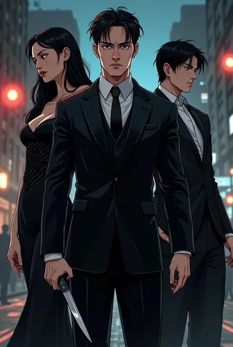 "Design a dark, gritty mafia-action-themed book cover in the style of a Korean webtoon. The setting is an urban city at night, draped in shadows with dim streetlights casting dramatic, cinematic lighting. The style should be sleek and modern, with sharp, e...