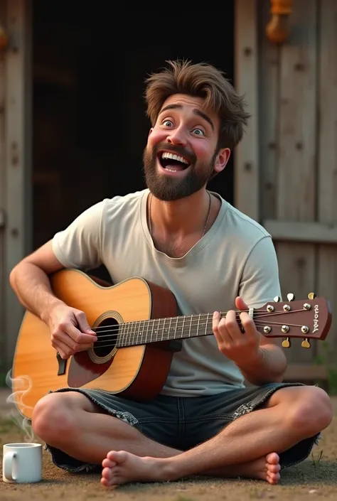  realistic 3D picture ,  35 year old man ,  wearing a ripped white t-shirt ,  shabby black shorts , sitting on the ground,  strumming guitar while singing and smiling,  warm coffee next to man , wooden house background .