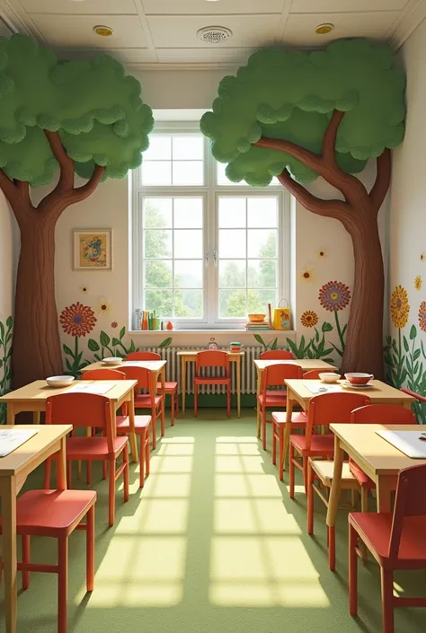 Image of a typical school classroom  (40 square meters ),  themed in the stories of Winnie the Pooh .  You will have a quiet corner with cushions , Carpets,  a pouf and a teepee for calm inspired by Igor ;  a Tiger corner for the game ,  with board games a...