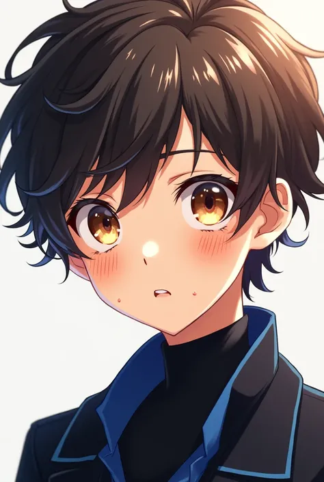  Anime Boy,  with brown eyes and curly hair, with freckles on the cheeks, with black clothes and shades of blue.