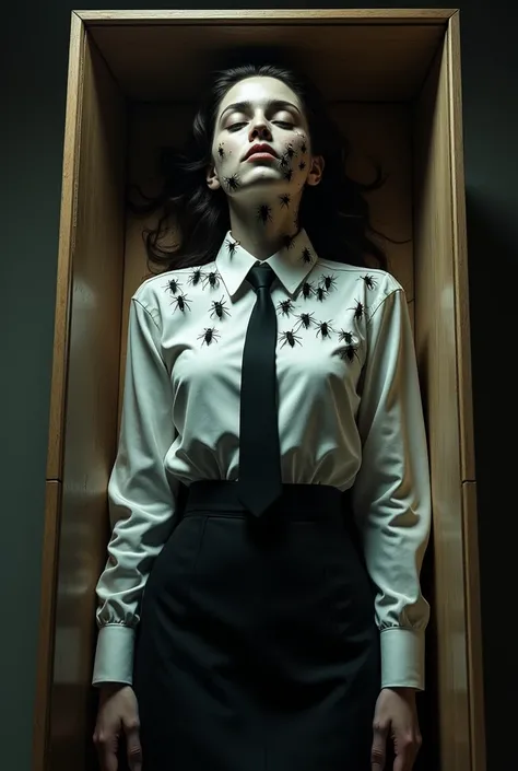  A dead woman dressed in a white shirt and black tie and skirt lies in a coffin. There are cockroaches all over his face and shirt.