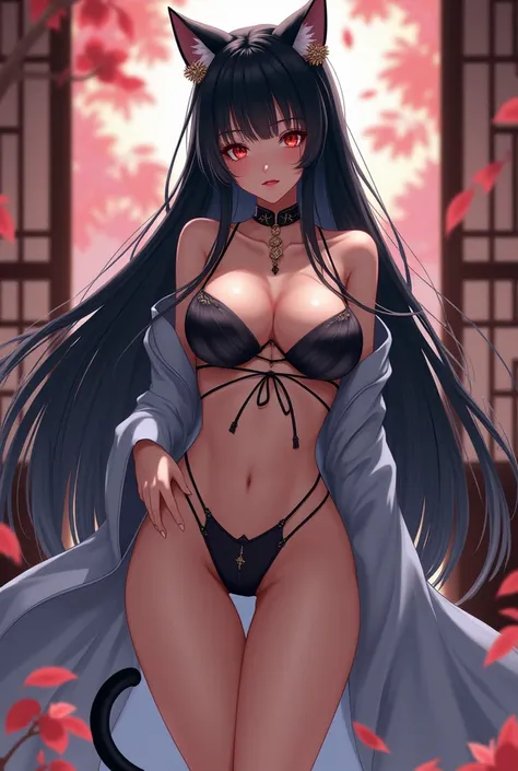 Anime girl, long black hair, beautiful, humongous boobs, extremely slim waist, super thicc thighs, imperial japan, Neko girl