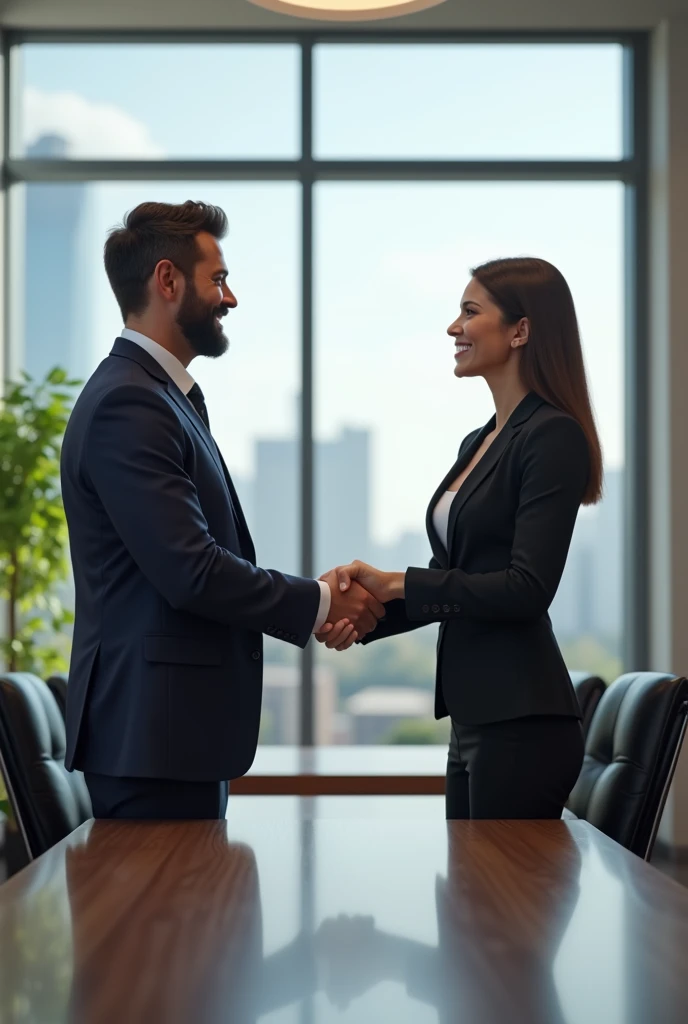 Deux personnes se saluant de mains en signe daccord, suite à leur contrat dans un bureau bien professionnel, à côté de ce bureau il y a les vitres du haut de létage, ils sont souriant, habillé en professionnel businessman et businesswoman, la table bureau ...