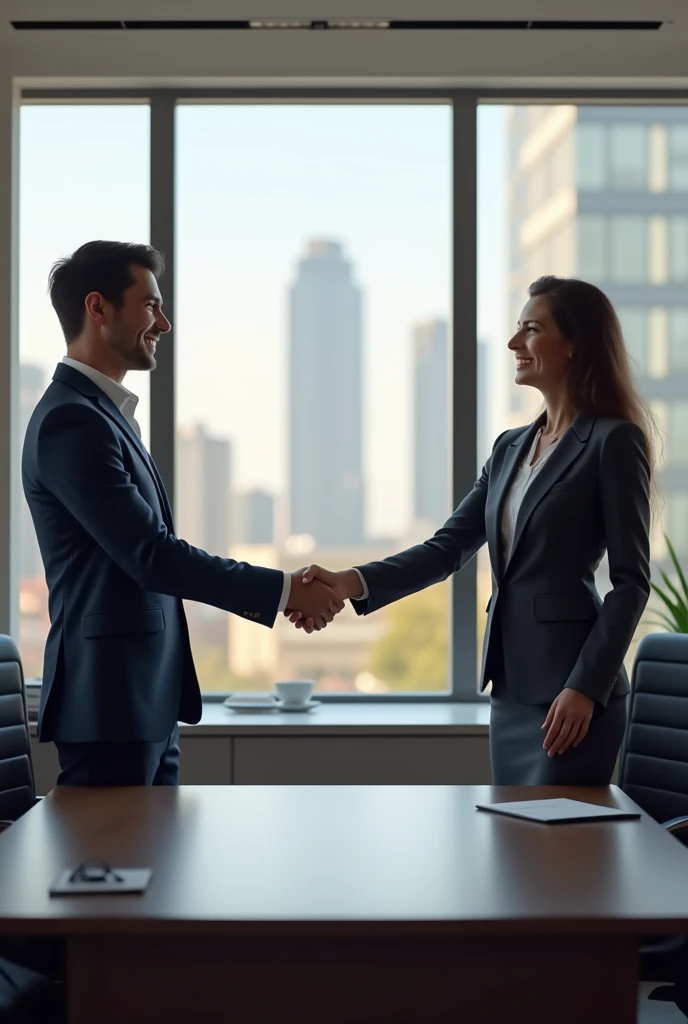 Deux personnes se saluant de mains en signe daccord, suite à leur contrat dans un bureau bien professionnel, à côté de ce bureau il y a les vitres du haut de létage, ils sont souriant, habillé en professionnel businessman et businesswoman, la table bureau ...