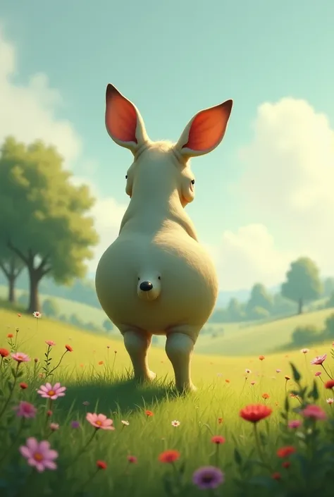  ASS without a body AND without legs. He has ears . Standing on the meadow.  blow mode tree in the background and flowers