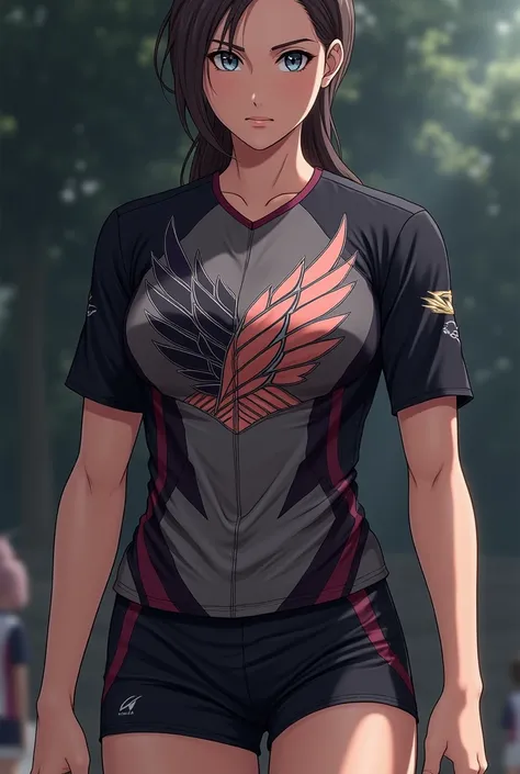 volleyball uniform,  intimidating look from logo ,  based on the anime Attack On Titan, Erwin , Legion of Exploration , negro, gray, purple, front volleyball uniform , men and women