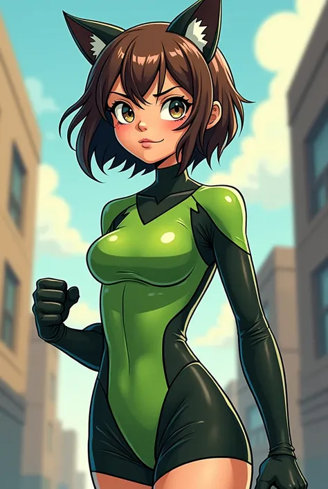 comic style,  a teenage woman,
green superhero costume,  Cat Ears,
  short brown hair,fringe,  full body , No antiparras ,NO LAYER,short pants,  black gloves, No logo on the chest of the suit,
