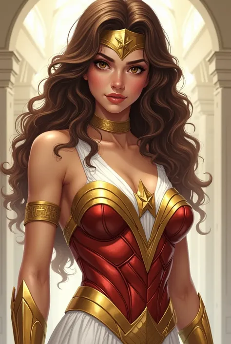 A 15-year-old girl who is a goddess daughter of Zeus , She is beautiful and young, , brown puppy eyes and hair with brown waves that reach her waist., plump pink lips, good anatomy,  her superhero costume with touches of the costumes of the Greek gods , Th...