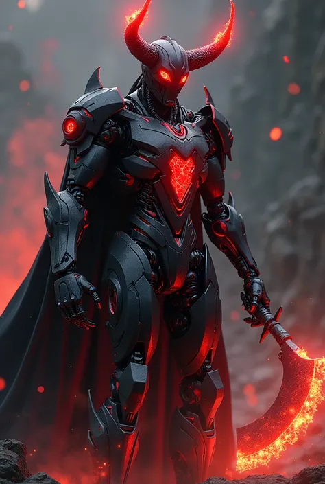 Realistic cinematic visual of A Dark Robot from Hades,  made of black metal with shiny ruby details that resemble lava .  Its joints exude smoke and embers ,  and its helmet has horns that emit pulsating red energy .  It carries a robotic sickle capable of...