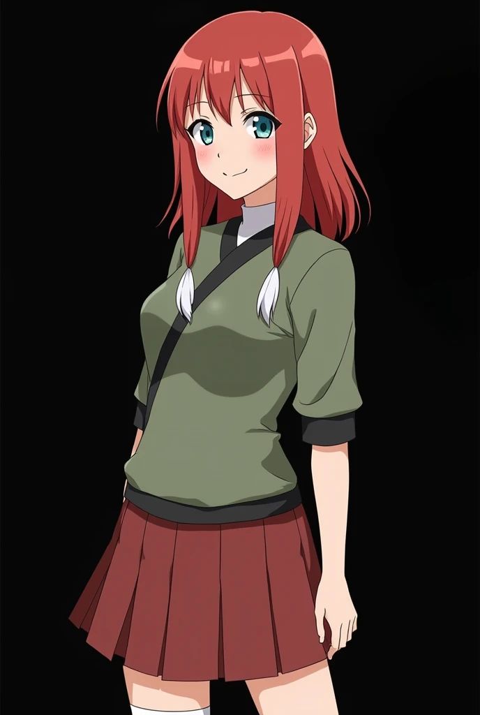 (photoanimenaruto:2.3), Female Character from Naruto, Age: .  full body . Made in anime style Naruto Shippuden . Height: 1,60 m,  Weight: 50 kg,  straight fire-colored hair with two white locks highlighted on the front. loose hair. pale skin. Light blue-gr...