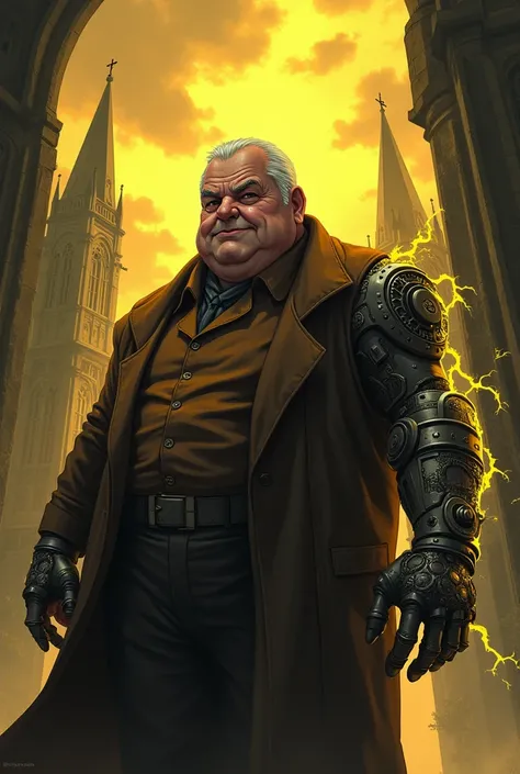 berserk manga anime style, dark fantasy anime style, dark souls anime style, anime style, manga style, Thomas Edison, balding dark gray hair, old chubby man, round face, elegant clothes, Wears brown old man clothes, mechanic prosthetic arm with gears acros...