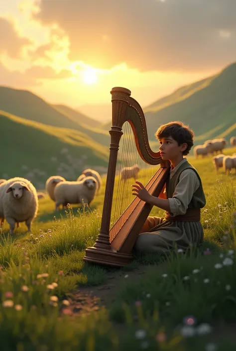  a young shepherd playing a 10-string harp,  sheep and lambs grazing in the valley , The sun setting on the hill 