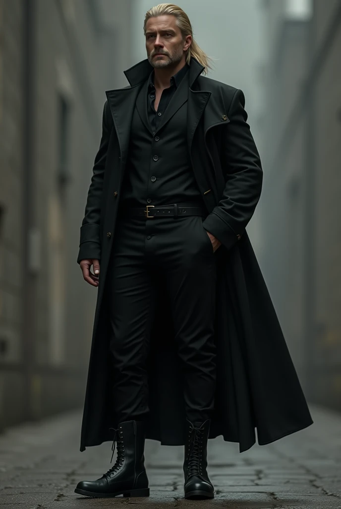 Tall man,  blonde hair , tied hair, shaved beard,  black overcoat ,  black pants and black boots