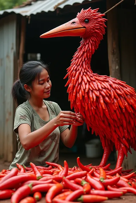 a poor young American woman making a big stork out of red chili