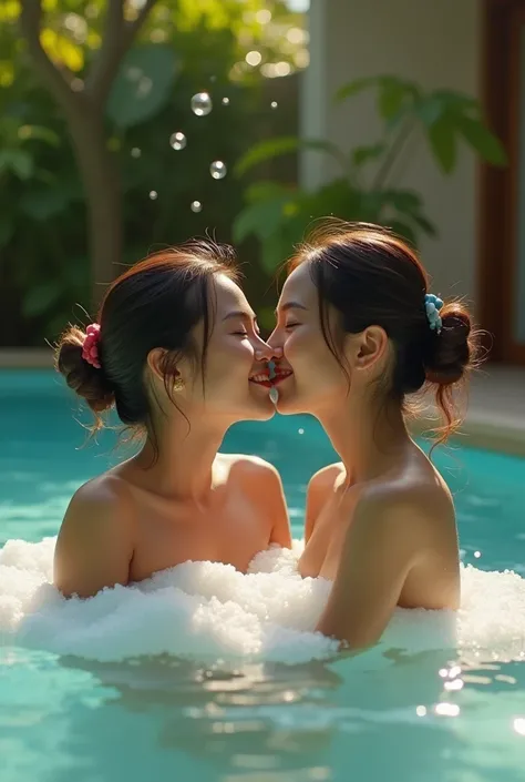 A pair of Indonesian lovers aged 20 are taking a bubble bath. Hugging while smiling, the women seem to be enjoying. Swimming pool background. Villa. 16k