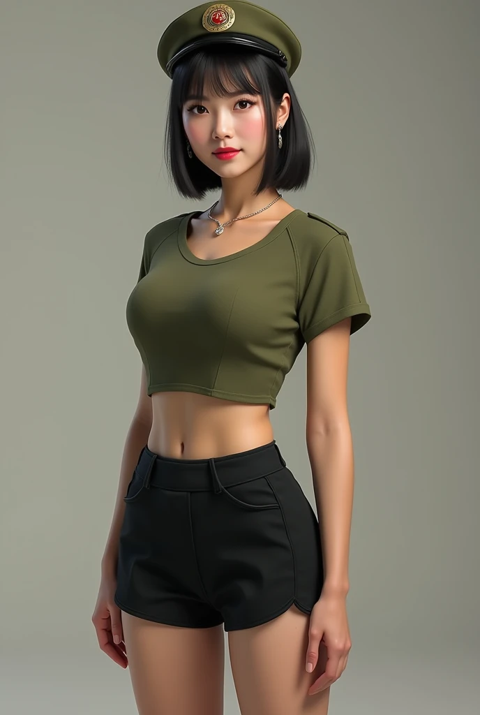  Create an ultra realistic and detailed image of a Chinese woman with short hair, smooth and black ,  brown eyes , corpo fitness,  thin waist and wide hips  ... She wears an olive green blouse and a short black skirt  ,  shes wearing a Chinese army beret  ...