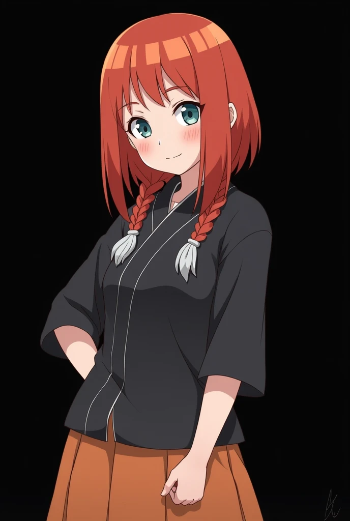 (photoanimenaruto:2.3), Female Character from Naruto, Age: .  full body . Made in anime style Naruto Shippuden . Height: 1,60 m,  Weight: 50 kg,  straight fire-colored hair with two white locks highlighted on the front. loose hair. pale skin. Light blue-gr...