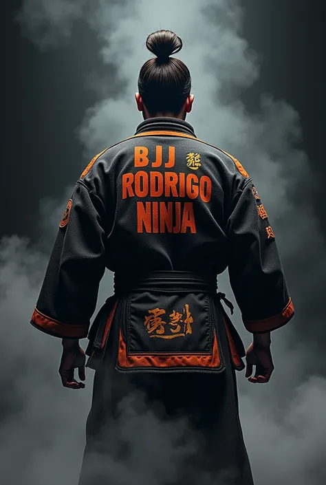 Create a belt with the name  "Bjj collision " For a Jiujitsu championship ,  and place a samurai to represent the teacher whose name is Rodrigo Ninja,  do it in a dark setting with smoke ,  in the colors orange black and white  