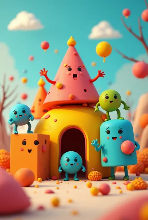 Smiling spheres, cubes and pyramids assembling a house