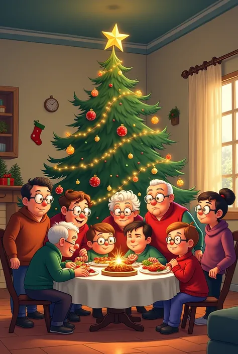 Christmas image allucives to a large family of 7 men and 7 women in a cartoon