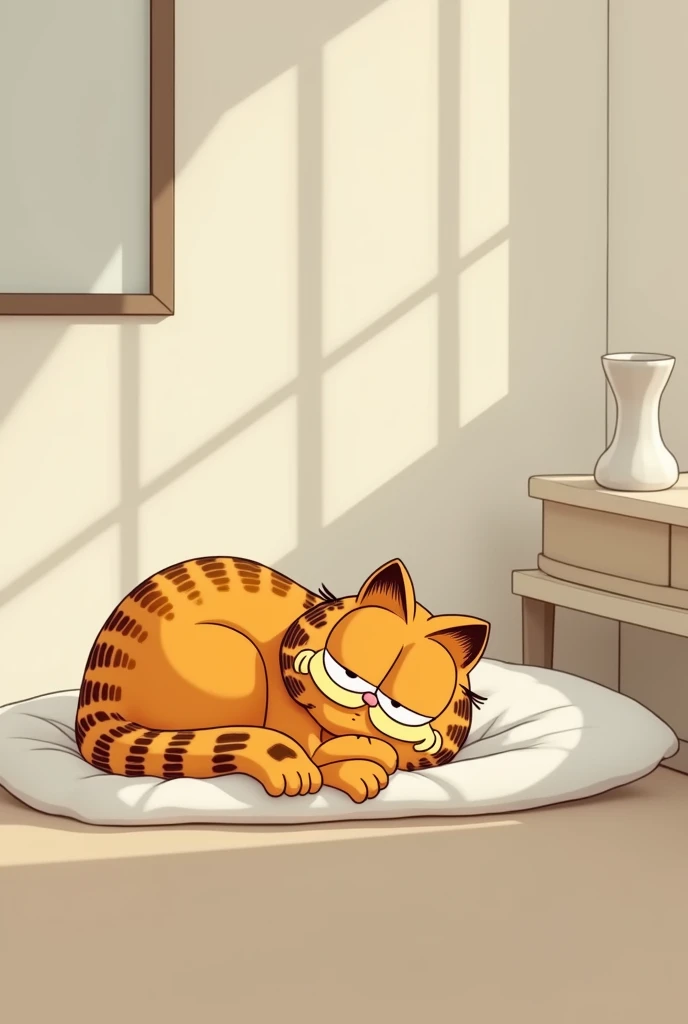 Sleeping Garfield and Imadeddin Nasimi want to wake up at home, minimalist image