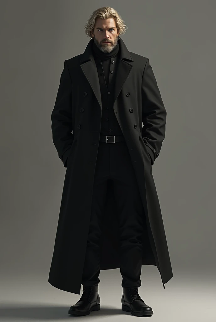 Tall man,  blonde hair , loose hair not so long, barba,  black overcoat ,  black pants and black boots