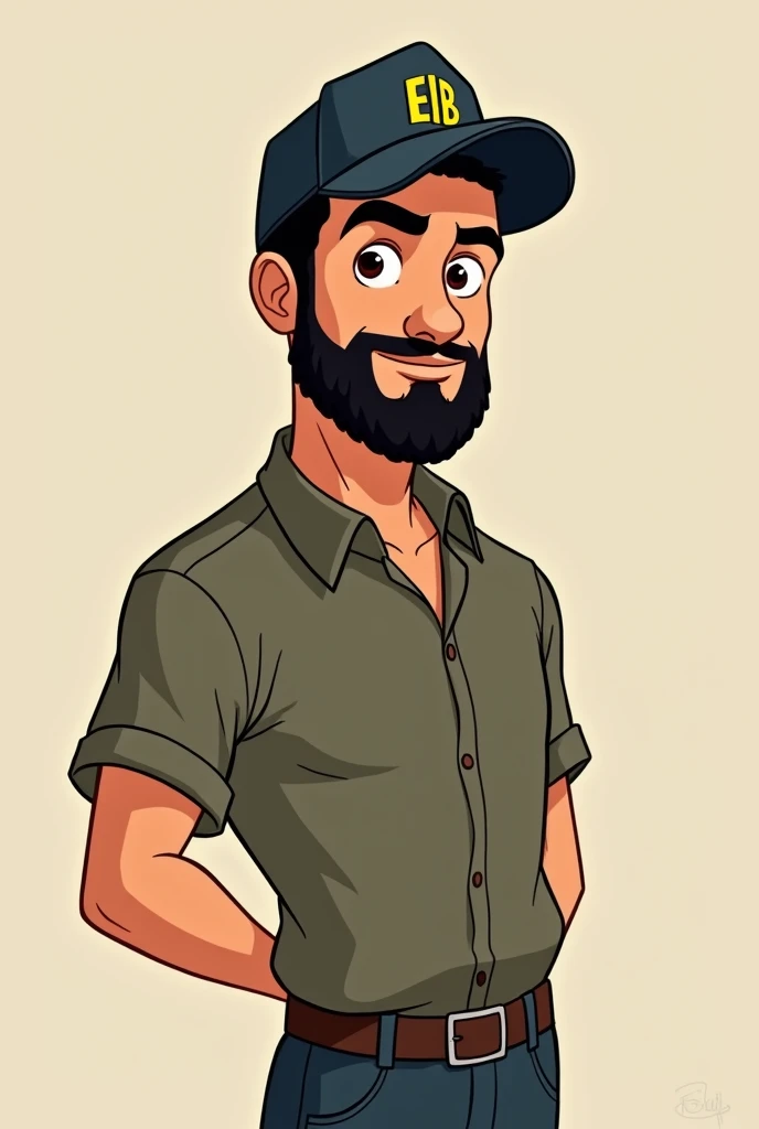  logo A handsome 47-year-old young man with dark black military-style hair and brown eyes, round jaw, round face , half-cut beard ,  medium height and full-bodied , who wears a casual shirt and a cap with the eib , de cuerpo entero. Disney cartoon with pre...