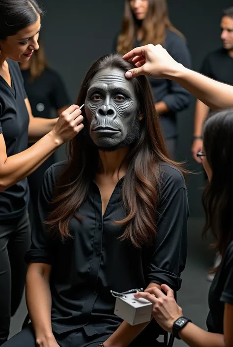 A beautiful Latina woman with long hair is undergoing the process of make ovee into a Gorilla by wearing a full face prosthetic mask,  some crew is putting on a prosthetic mask , create 4 images describing this make over process