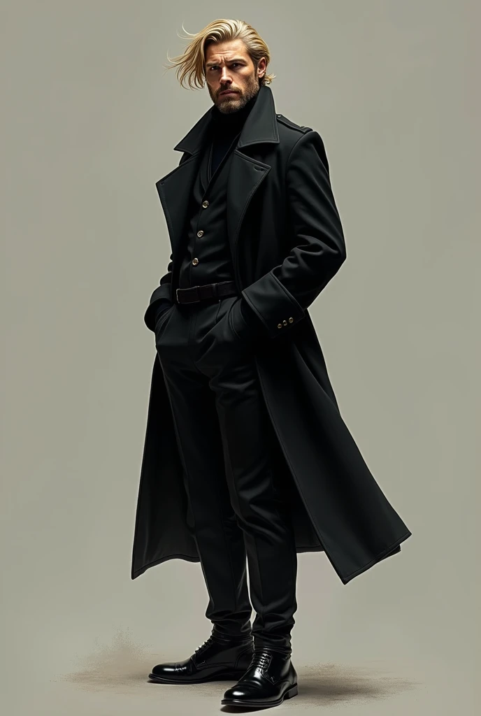 Tall man,  blonde hair , loose hair not so long, shaved beard,  black overcoat ,  black pants and black boots