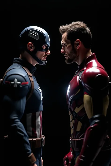 Make Steve Rogers staring at Tony Stark on a black background. Make them more like the movies.