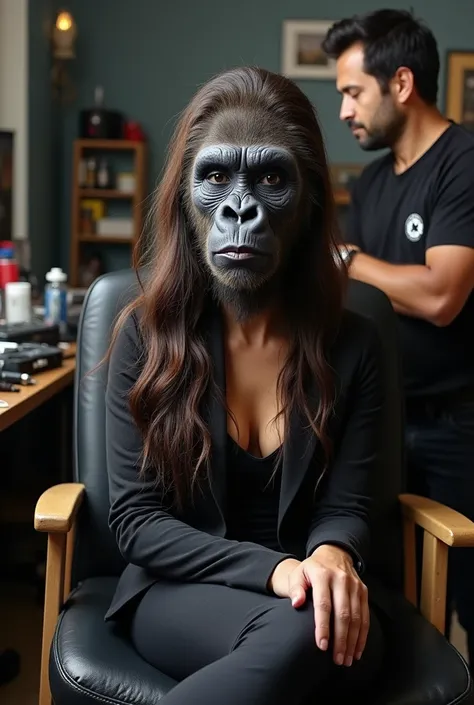 A beautiful Latina woman with long hair is undergoing the process of make ovee into a Gorilla by wearing a full face prosthetic mask,  some crew is putting on a prosthetic mask , create 4 images describing this make over process