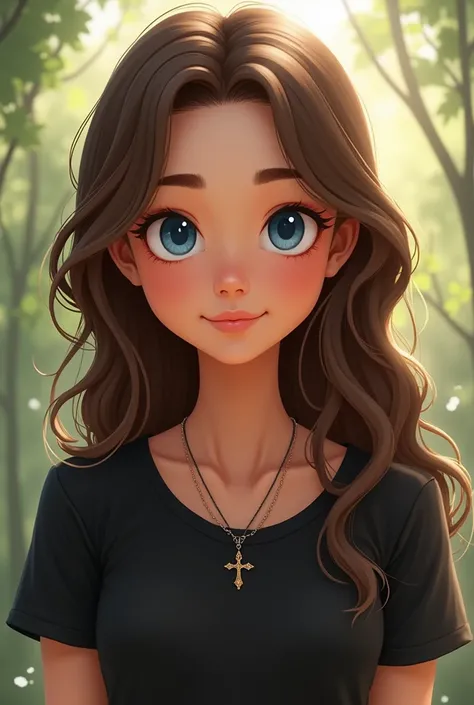 Brown-haired woman with blue eyes and black tshirt and cross necklace naturalistic cartoon